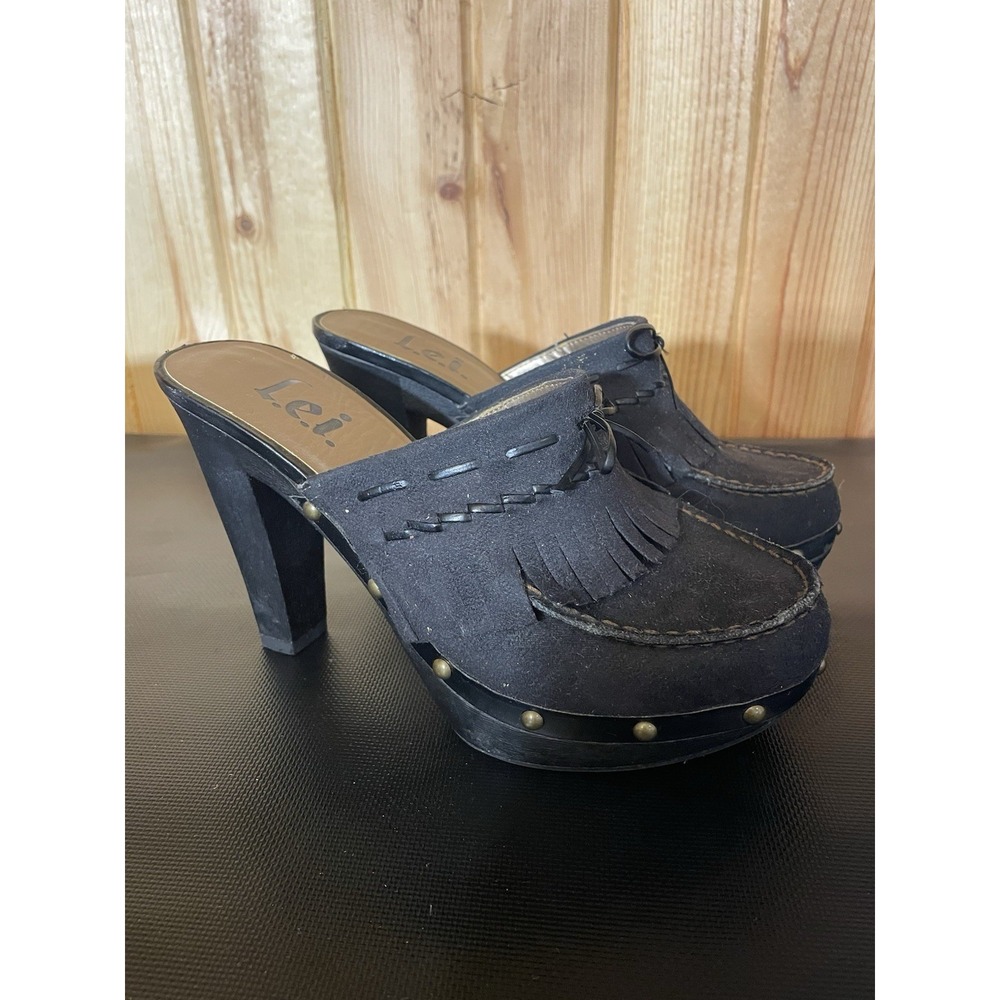 Vtg. L.E.I Women's Size 8 Anetteco Mules Clogs Heels Y2K Black Fringe
